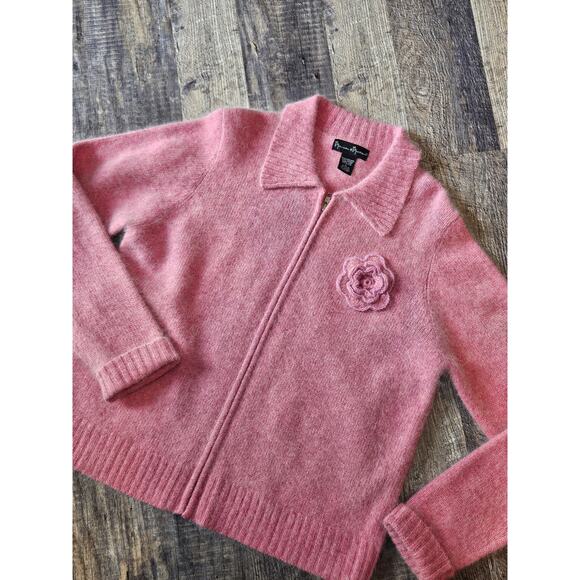 Mercer & Madison lambs wool pink full zip sweater jacket flower rabbit fur large - Picture 2 of 6